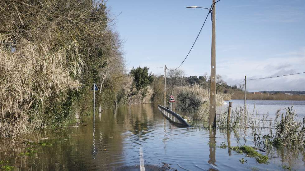 Uma estrada submersa junto a Reguengo do Alviela, em Santarém, 06 de fevereiro de 2026. Treze pessoas morreram em Portugal desde a semana passada na sequência da passagem das depressões Kristin e Leonardo, que provocaram também algumas centenas de feridos e desalojados. ANTÓNIO PEDRO SANTOS/LUSA