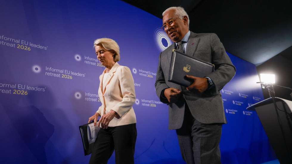 epa12732322 European Council President Antonio Costa (R) and European Commission President Ursula von der Leyen give a press conference at the end of an informal retreat of EU leaders at Alden Biesen Castle in Bilzen, Belgium, 12 February 2026. The strategic session focuses on deepening the Single Market, boosting investment, and enhancing Europe's competitiveness in a shifting geoeconomic landscape.  EPA/OLIVIER HOSLET