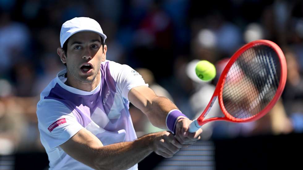 epa12672975 Nuno Borges of Portugal in action during the third round match against Learner Tien of the USA on day 6 of the 2026 Australian Open tennis tournament at Melbourne Park in Melbourne, Australia, 23 January 2026.  EPA/LUKAS COCH AUSTRALIA AND NEW ZEALAND OUT