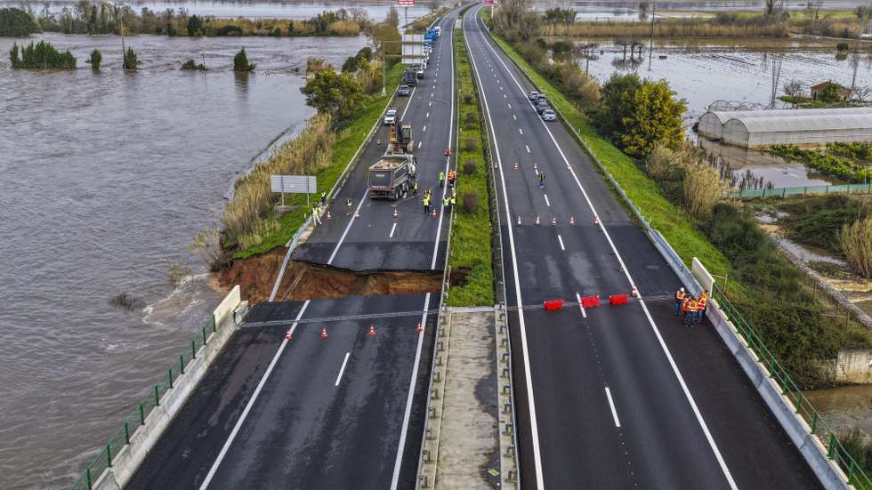 A section of Highway 1 (A1), the main highway connecting Lisbon to Porto, collapsed on Wednesday night following the breach of the Casais dam, following severe weather in Coimbra, Portugal, 12 February 2026. Sixteen people died in Portugal following the passage of storms Kristin, Leonardo, and Marta, which also left many hundreds injured and homeless. MIGUEL A. LOPES/LUSA