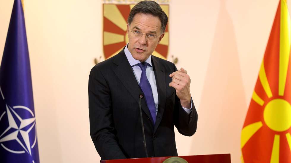 epa12791786 NATO Secretary General Mark Rutte talks during the press conference with North Macedonia's President Gordana Siljanovska Davkova (unseen) following their meeting in Skopje, North Macedonia, 03 March 2026. Rutte is on an official visit to North Macedonia.  EPA/GEORGI LICOVSKI