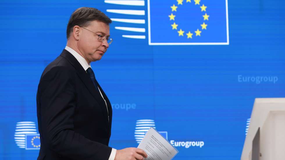 epa12853804 European Commissioner for Economy and Productivity Valdis Dombrovskis attends a press conference following an online Eurogroup meeting in Brussels, Belgium, 27 March 2026. Euro area finance ministers met via videoconference to discuss the economic outlook, fiscal coordination, and the impact of rising energy prices linked to tensions around Iran on inflation and growth, according to the official agenda.  EPA/OLIVIER HOSLET