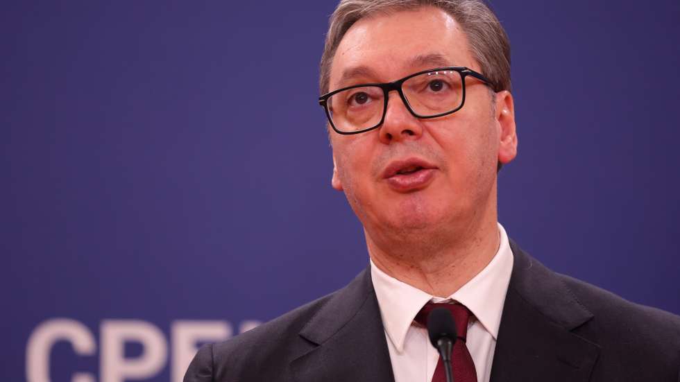 epa12743180 Serbian President Aleksandar Vucic talks during the press conference with the President of Azerbaijan (not pictured) following their meeting in Belgrade, Serbia, 15 February 2026. President of Azerbaijan Ilham Aliyev is on an official visit to Serbia.  EPA/ANDREJ CUKIC