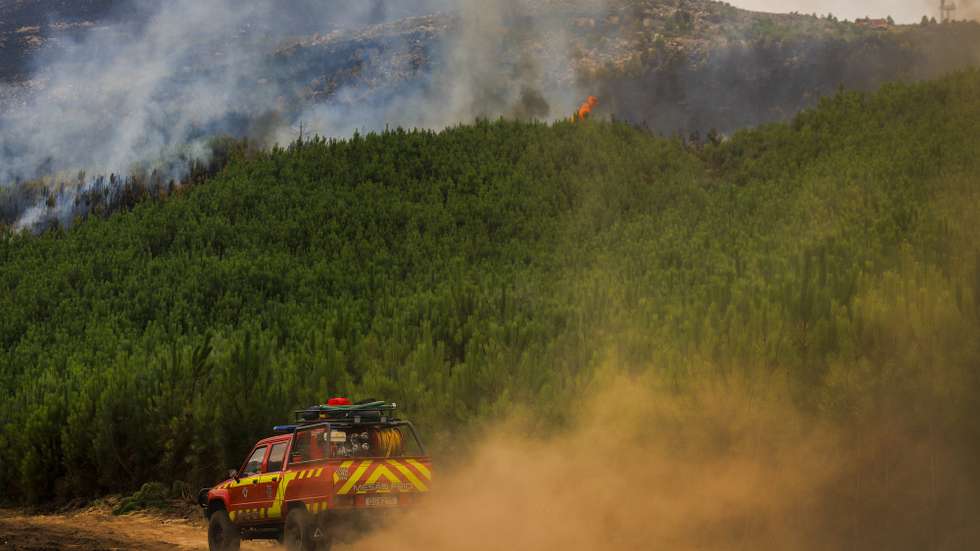 Bombeiros combatem um incêndio em Testeira, Vila Real, 12 de agosto de 2025. Perto de 1.200 operacionais estavam hoje, pelas 15:15, empenhados no combate aos três mais preocupantes incêndios em destaque pela Proteção Civil, que lavram em Vila Real, Tabuaço e Trancoso. PEDRO SARMENTO COSTA/LUSA