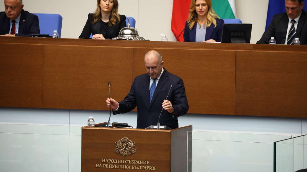 epa12940863 Designated Bulgarian Prime Minister Rumen Radev delivers his plan for a new government to members of the National Assembly in Sofia, Bulgaria, 08 May 2026. Radev got the mandate as the country's new prime minister after his 'Progressive Bulgaria' coalition won 131 of the 240 seats in the National Assembly during the 19 April 2026 elections, becoming the largest group in parliament.  EPA/STRINGER