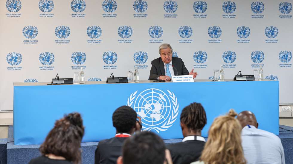 epa12947377 United Nations Secretary-General Antonio Guterres speaks during a press conference at the United Nations Office at Nairobi (UNON) following a groundbreaking and office inauguration ceremony for a major expansion of the UN’s Nairobi headquarters in Nairobi, Kenya, 11 May 2026. The events come as the United Nations advances an over USD 340 million investment in Nairobi, reinforcing the city’s position as the only UN Secretariat headquarters in the Global South and a growing hub for global decision-making.  EPA/DANIEL IRUNGU