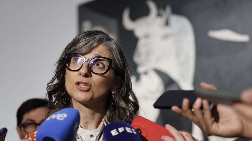 epa12935356 Francesca Albanese, the United Nations (UN) Special Rapporteur on the occupied Palestinian territories, speaks to the media while she poses in front of 'Guernica' during her visit to Picasso’s masterpiece at the el Reina Sofia Museum in Madrid, Spain, 06 May 2026.  EPA/Mariscal