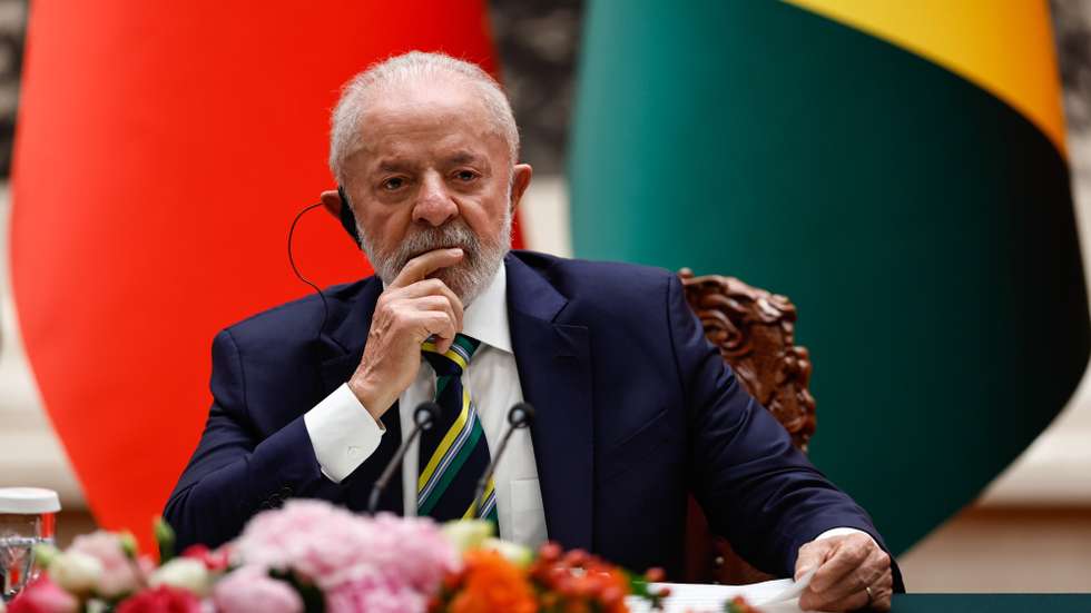 epa12096247 Brazil's President Luiz Inacio Lula da Silva attends a joint press conference with Chinese President Xi Jinping (not pictured) at the Great Hall of the People in Beijing, China, 13 May 2025.  EPA/TINGSHU WANG / POOL
