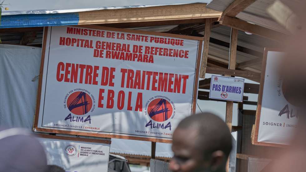 epa13042548 A sign is displayed at Rwampara General Hospital in Rwampara, Ituri province, Democratic Republic of the Congo, 16 June 2026. The Democratic Republic of the Congo has been facing an Ebola outbreak since May 2026, caused by the Bundibugyo strain of the Ebola virus.  EPA/DIEUDONNE DIROLE