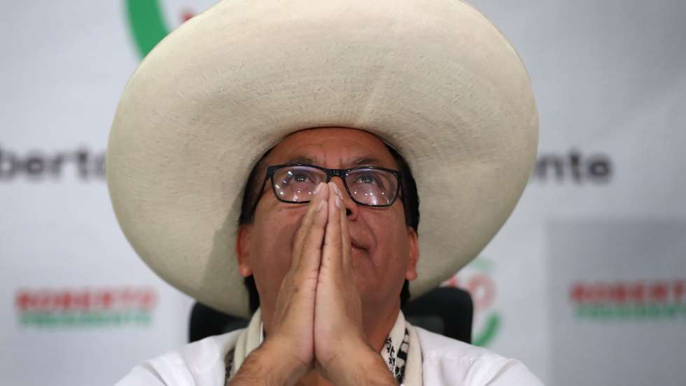epa13058710 Peruvian presidential candidate Roberto Sanchez reacts during a press conference following Peru’s presidential runoff in Lima, Peru, 23 June 2026.  EPA/Paolo Aguilar