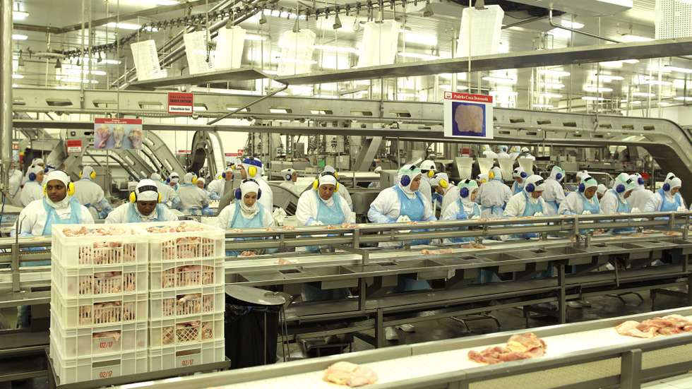 epa05862191 Workers at the JBS meat processing plant in the city of Lapa, Parana, Brazil, 21 March 2017. According to Brazilian authorities several of the country’s meat processing plants such as JBS Seara and BRF as well as smaller companies are believed to have bribed health officials to overlook unsanitary practices. The scandal could threaten more than 10 billion US dollars in annual exports.  EPA/Joedson Alves