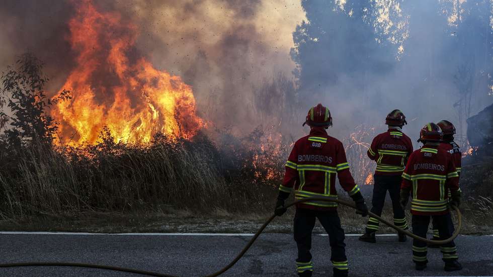 Bombeiros durante o combate ao incêndio florestal que desde a madrugada consome floresta em Carvalhal de Vermilhas, Vouzela, 2 de julho de 2026. O Governo decretou situação de alerta, que vai vigorar das 00:00 de sexta-feira às 23:59 de segunda-feira, devido ao "significativo agravamento do risco de incêndios rurais". PAULO NOVAIS/LUSA