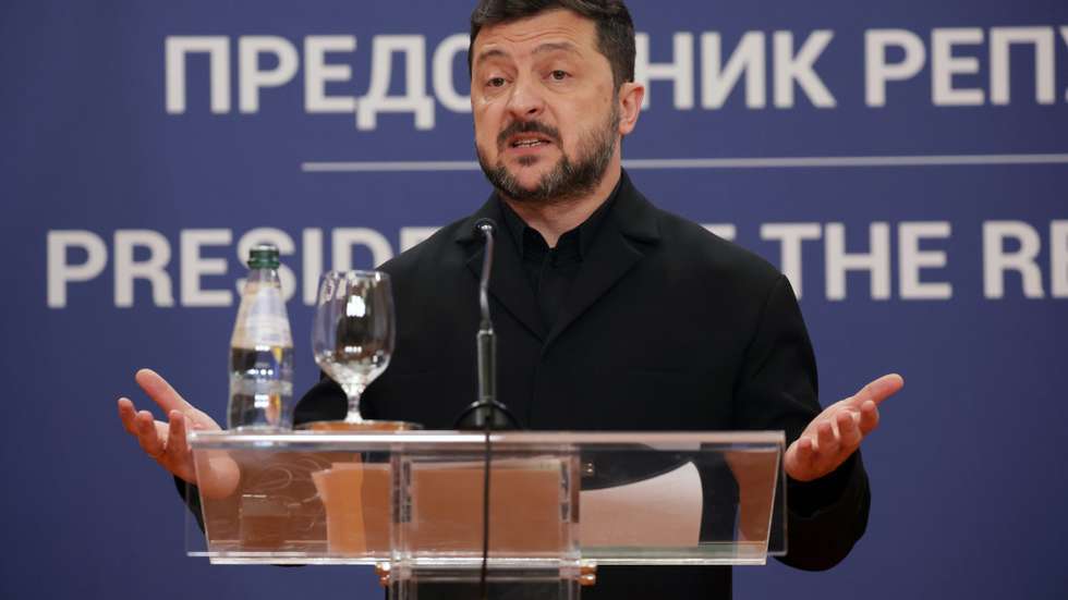 epa13156472 Ukrainian President Volodymyr Zelensky speaks during a press conference with Serbian President Aleksandar Vucic (not pictured) following their meeting in Belgrade, Serbia, 08 August 2026. Zelenskyy is in Serbia for an official visit.  EPA/ANDREJ CUKIC