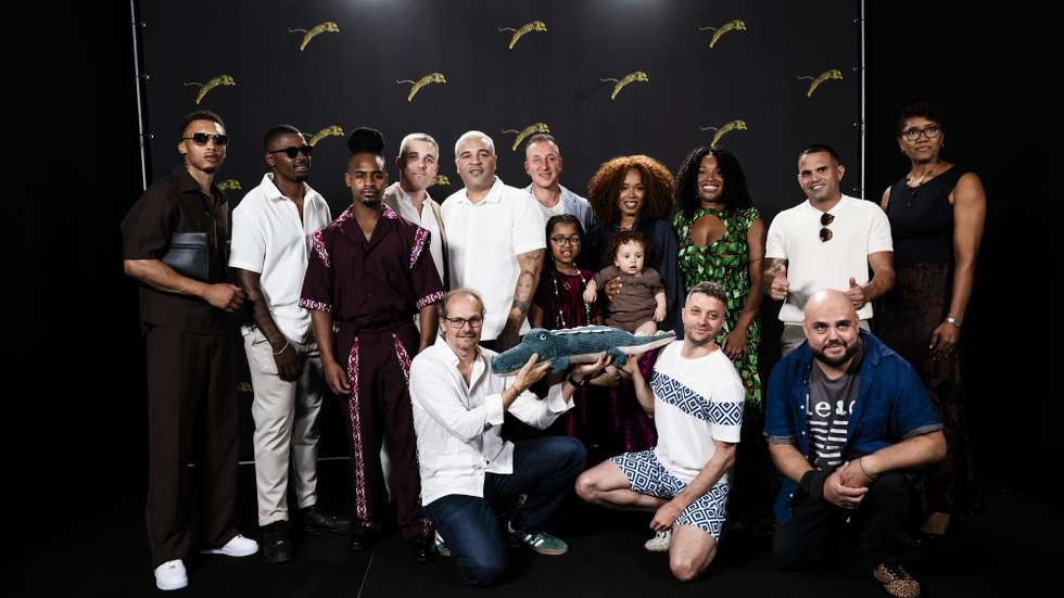 epa13163128 Swiss film director Basil Da Cunha (C) poses with the cast of his movie during a photocall for the movie "O Jacare" at the 79th Locarno Film Festival, in Locarno, Switzerland, 12 August 2026.  EPA/JEAN-CHRISTOPHE BOTT