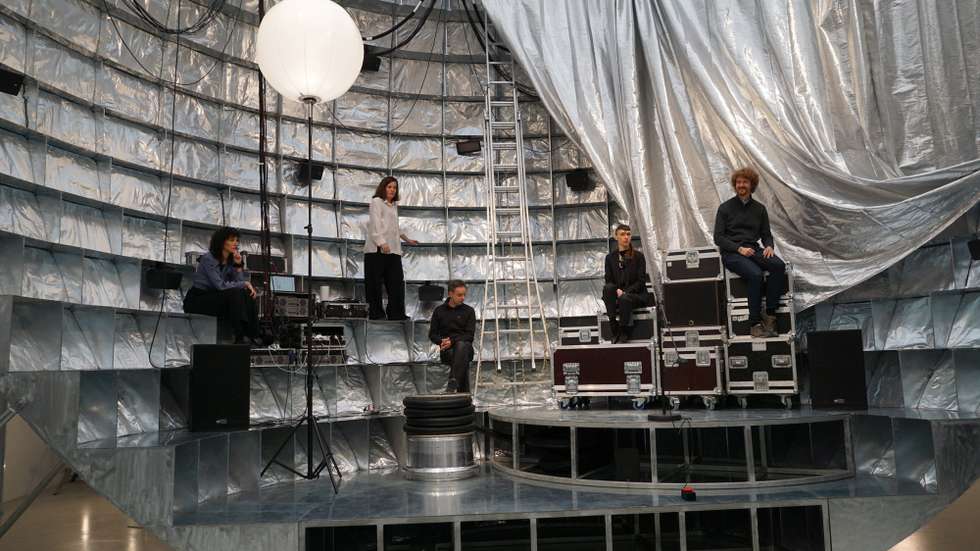 epa10634308 People watch the work "Ball Theatre" prior the pre-opening of Biennale Architecture 2023 exibithion, in Venice, Italy, 17 May 2023. The pre-opening will take place on 18 and 19 May. The 18th International Architecture Exhibition will be open to the public from 20 May to 26 November and will be curated by Lesley Lokko and organised by La Biennale di Venezia.  EPA/ANDREA MEROLA