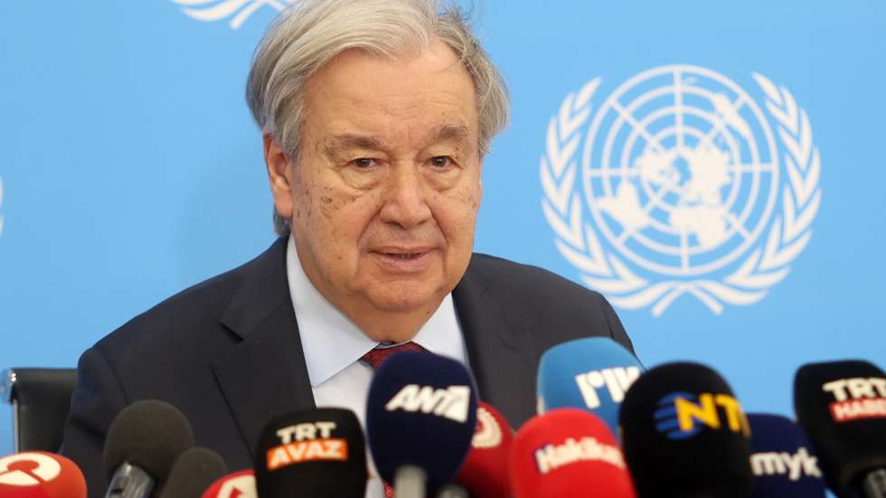 epa13139078 UN Secretary-General Antonio Guterres attends a press conference after his meeting with Cyprus President Nikos Christodoulides and Turkish Cypriot leader Tufan Erhurman (both not pictured) at the UN Buffer Zone in Nicosia, Cyprus, 29 July 2026. Guterres is on an official visit to Cyprus, which is the first visit by a UN Secretary-General to the island in 16 years. The visit comes nine years after the collapse of the Crans-Montana conference talks, with a goal of restarting substantive Cyprus talks within the next few months.  EPA/GEORGE CHRISTOPHOROU