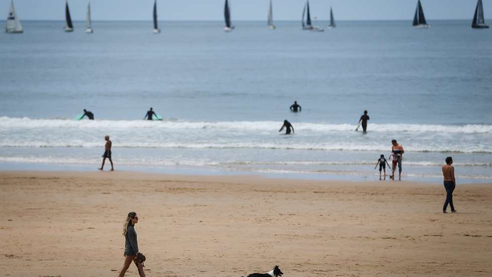 Uma mulher passeia o seu cão no dia em que se assinala a abertura da época balnear na praia de Carcavelos, em Cascais, 15 de maio de 2021.  RODRIGO ANTUNES/LUSA