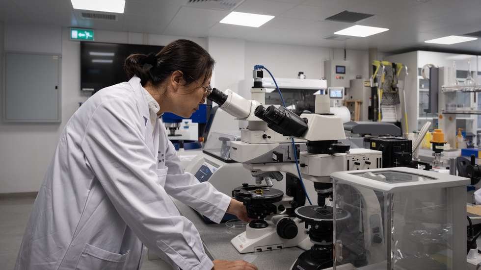 Professora Xu Yi, do Instituto de Ciência Espacial da Universidade de Ciência e Tecnologia de Macau (MUST), utiliza um microscópio nas instalações do Laboratório de Referência do Estado Chinês para as Ciências Lunares e Planetárias, na Taipa, Macau, China, 05 de março de 2025. (ACOMPANHA TEXTO DA LUSA DO DIA 06 DE MARÇO DE 2025). GONÇALO LOBO PINHEIRO/LUSA