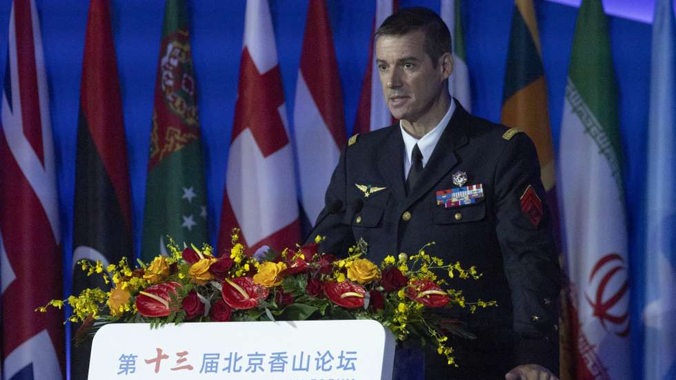 epa13243095 Deputy Director of the General Directorate of International Relations and Strategy at the French Ministry of Armed Forces, General Sebastien Vallette, speaks during the First Plenary Session of the 13th Beijing Xiangshan Forum in Beijing, China, 16 September 2026. The 13th Beijing Xiangshan Forum is held between 15 and 17 September 2026.  EPA/ANDRES MARTINEZ CASARES