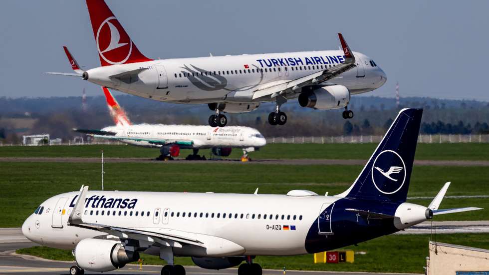 epa12909218 A Lufthansa Airbus A320 airplane waits for takeoff on the tarmac as a Turkish Airlines Airbus A320 airplane lands at Vaclav Havel Airport in Prague, Czech Republic, 23 April 2026. Global airlines face surging jet fuel costs amid escalating tensions in the Middle East. The volatile situation is tightening supply and pushing kerosene (Jet A-1) prices to record levels.  EPA/MARTIN DIVISEK