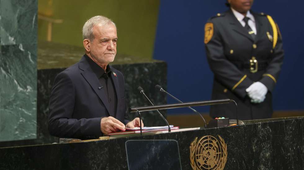 epa13257893 President of Iran Masoud Pezeshkian speaks during the General Debate of the 81st session of the United Nations General Assembly at United Nations Headquarters in New York, New York, USA, 23 September 2026.  EPA/SARAH YENESEL