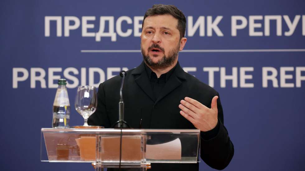 epa13156489 Ukrainian President Volodymyr Zelensky speaks during a press conference with Serbian President Aleksandar Vucic (not pictured) following their meeting in Belgrade, Serbia, 08 August 2026. Zelenskyy is in Serbia for an official visit.  EPA/ANDREJ CUKIC