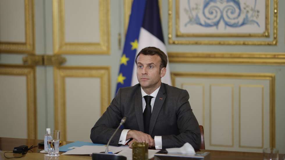 epa09049247 French President Emmanuel Macron participates in the Act-A videoconference meeting with the African Union board at the Elysee Palace in Paris, France, 03 March 2021. The Act-A launched by the World Health Organization is the initiative to coordinate a global response to the Covid-19 pandemic.  EPA/YOAN VALAT / POOL