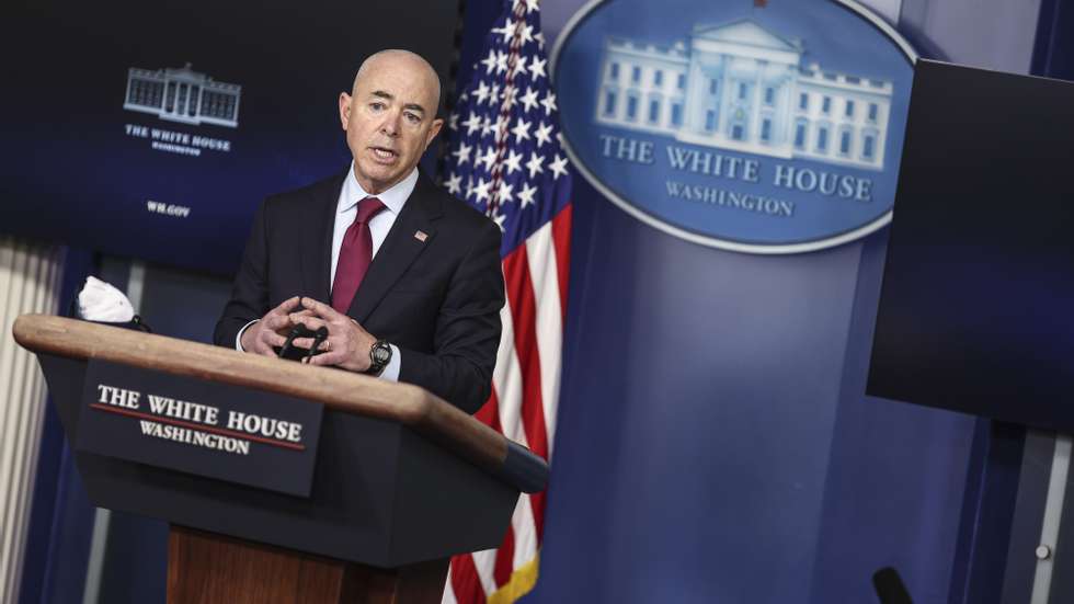 epa09045247 Homeland Security Secretary Alejandro Mayorkas talks to reporters during the daily press briefing in the Brady Press Briefing Room of the White House, in Washington, DC, USA, 01 March 2021.  EPA/Oliver Contreras / POOL