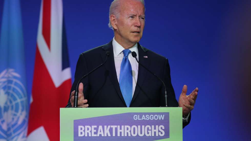 epa09559516 US President Joe Biden delivers a speech during a session on clean innovation and technology at the UN Climate Change Conference (COP26) in Glasgow, Britain, 02 November 2021.  EPA/ROBERT PERRY