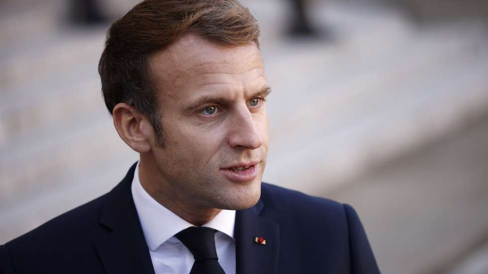 epa09572343 French President Emmanuel Macron makes a statement with President of Benin Patrice Talon (not pictured) following their meeting at the Elysee Palace in Paris, France, 09 November 2021. Both meet to sign an agreement on the return of 26 works of art to the former French colony, according to the French president's Elysee office.  EPA/YOAN VALAT