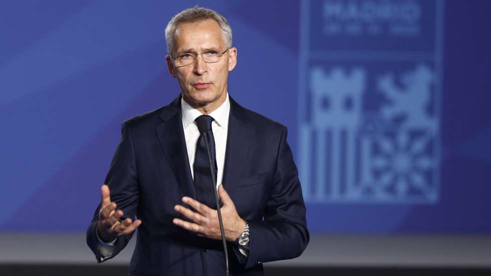 epa10038177 NATO Secretary General, Jens Stoltenberg, speaks during a bilateral press conference with Spanish Prime Minister, Pedro Sanchez, held following their visit to IFEMA fairground facilities ahead of the NATO Summit in Madrid, Spain, 28 June 2022. Heads of State and Government from NATO's member countries and key partners are gathering in Madrid to discuss important issues facing the Alliance and endorse NATO's new Strategic Concept, the Organization said.  EPA/RODRIGO JIMENEZ