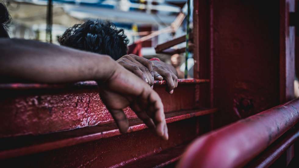 epa08527228 A handout photo made available by the press office of SOS Mediterranee, shows migrants boarded on Ocean Viking ship at the Mediterranean Sea, 04 July 2020. The ship is in international waters of Mediterranean Sea with 180 rescued migrants on board.  SOS Mediterranee for days asks to be able to disembark the migrants after declaring state of emergency due to the precarious conditions of the rescued people.  EPA/FLAVIO GASPERINI / SOS MEDITERRANEE / HANDOUT  HANDOUT EDITORIAL USE ONLY/NO SALES