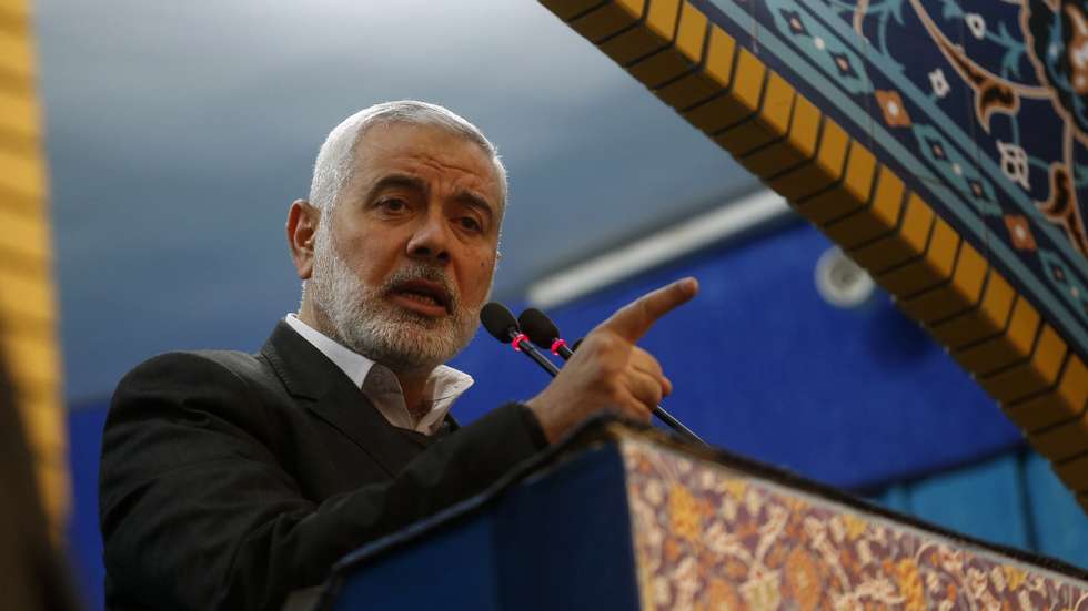 epa08107422 A handout photo made available by Iranian Supreme Leader's Office shows Hamas leader Ismail Haniyeh delivering a speech during funeral prayers for slain Iranian Revolutionary Guards Corps (IRGC) Lieutenant general and commander of the Quds Force Qasem Soleimani and other victims, in Tehran, Iran, 06 January 2020. Soleimani was killed in a targeted US airstrike on 03 January 2020 in Baghdad, Iraq.  EPA/IRAN'S SUPREME LEADER OFFICE HANDOUT  HANDOUT EDITORIAL USE ONLY/NO SALES