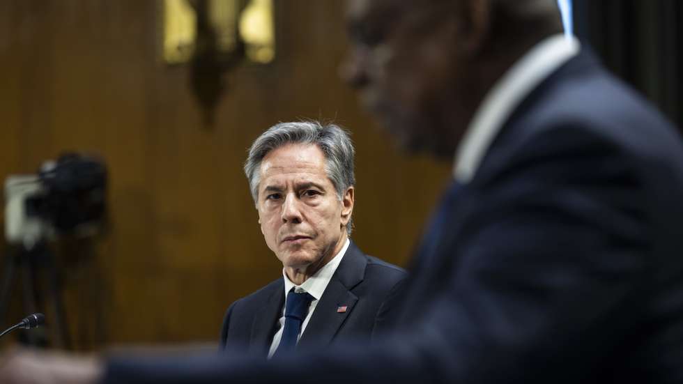 epa10950841 US Secretary of State Antony Blinken (L) and Secretary of Defense Lloyd Austin (R) testify at a Senate Appropriations Committee hearing to review their national security supplemental requests in the Dirksen Senate Office Building in Washington, DC, USA, 31 October 2023.  EPA/JIM LO SCALZO