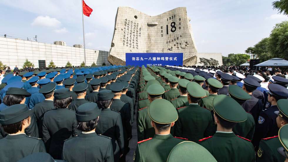 epa10867991 People attend a ceremony to commemorate the Mukden Incident at the September 18th History Museum in Shenyang, Liaoning province, China, 18 September 2023. On 18 September 1931 an explosion destroyed part of a railway track owned by the Japanese near the city of Mukden (Shenyang) prompting the Japanese army to enter Manchuria.  EPA/XINHUA / Chen Song CHINA OUT / UK AND IRELAND OUT  /       MANDATORY CREDIT  EDITORIAL USE ONLY
