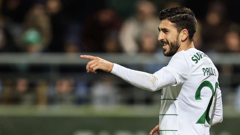 Sporting's Paulinho celebrates after scoring a goal against Tondela during their Portuguese Cup League soccer match at Joao Cardoso stadium, Tondela, Portugal, 23 December 2023. JOSE COELHO/LUSA