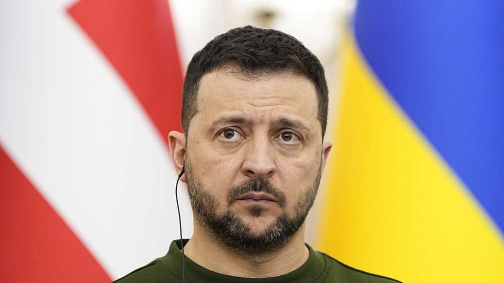 epa11174893 Ukrainian President Volodymyr Zelensky attends a a joint press conference with the Danish prime minister after their meeting at Potocki Palace in Lviv, Ukraine, 23 February 2024. The Danish prime minister and the Danish defense minister announced in a press conference on 22 February that Denmark's is entering a ten-year agreement with Ukraine on continued military support and the security situation in Europe.  EPA/Mads Claus Rasmussen  DENMARK OUT