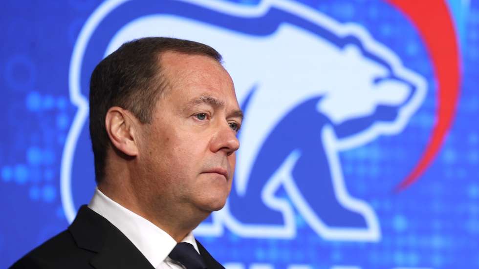epa11026895 Deputy head of Russia's Security Council and chairman of the United Russia party, Dmitry Medvedev attends a discussion titled 'The Future of Russia' held by the United Russia party ahead of the 21st party's congress in Moscow, Russia, 13 December 2023. 'United Russia' will support current Russia President Vladimir Putin in the presidential elections in 2024, said party chairman Dmitry Medvedev. According to him, the president acts as a 'society consolidating figure'.  EPA/EKATERINA SHTUKINA / SPUTNIK / KREMLIN POOL MANDATORY CREDIT