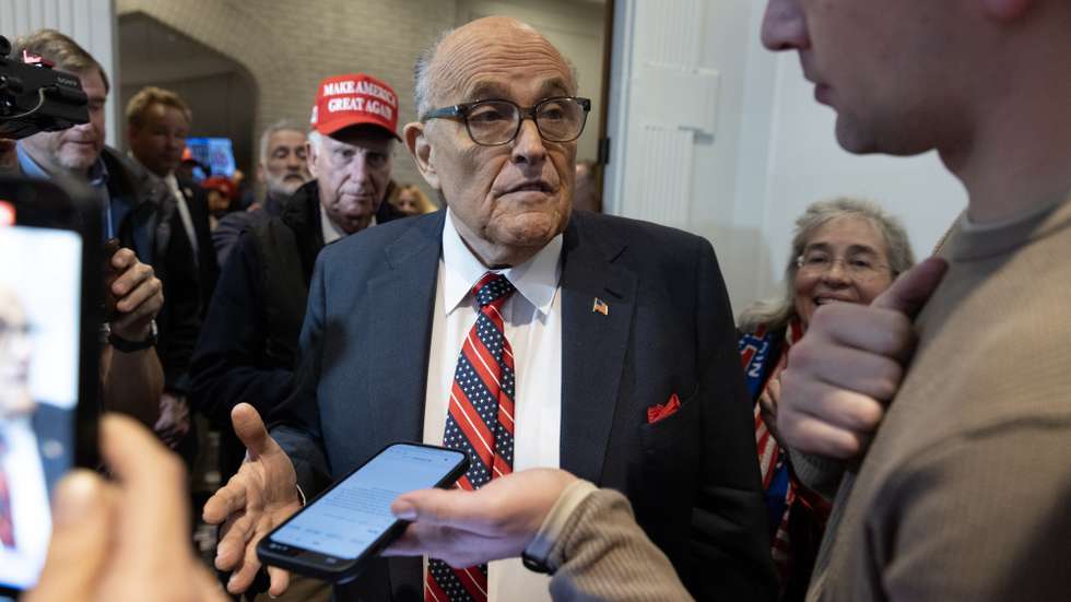 epa11100056 Former New York City Mayor Rudy Giuliani attends a New Hampshire primary election night watch party in Nashua, New Hampshire, USA, 23 January 2024. The New Hampshire primary is the first primary in the nation and the second contest in the nominating process for the Republican presidential nomination.  EPA/MICHAEL REYNOLDS