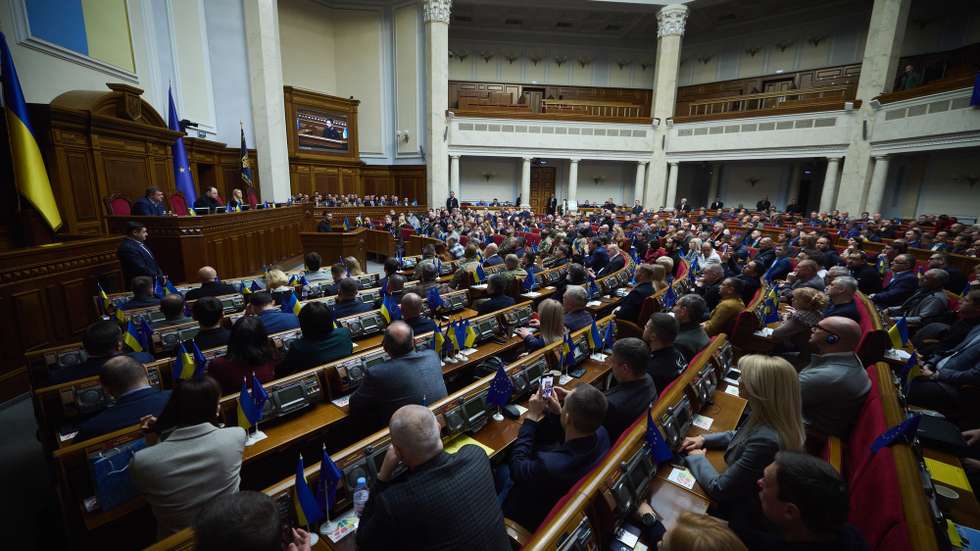 epa11728720 A handout photo made available by the Presidential Press Service showing Ukraine's President Volodymyr Zelensky presenting his plan of resistance to the Ukrainian parliament in Kyiv, Ukraine, 19 November. Zelensky said that Ukraine will never give in to Russia's aggression as it marks 1,000 days since the Kremlin launched a full-scale invasion of the country.  EPA/HANDOUT HANDOUT EDITORIAL USE ONLY/NO SALES