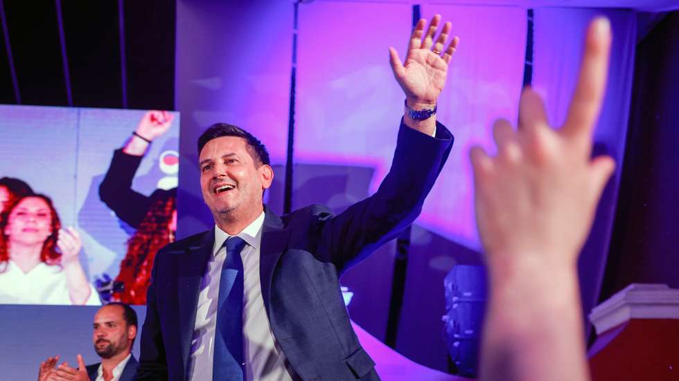 The president of the Liberal Initiative, Rui Rocha, reacts after speak to supporters on the election night of the legislative elections 2025 at coalition headquarters in Lisbon, Portugal, 18 May 2025. More than 10.8 million voters living in Portugal and abroad will be asked to vote in these early parliamentary elections on 18 May and choose from among the 21 competing political forces the party they believe should form the next government and elect the 230 seats of the Assembly of the Republic for the next legislature. ANTONIO PEDRO SANTOS/LUSA