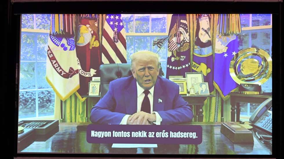 epa12142517 A video message of US President Donald Trump is presented at the beginning of the Conservative Political Action Conference (CPAC) Hungary in Budapest, Hungary, 29 May 2025. The two-day Hungarian edition of CPAC is hosted by the Center for Fundamental Rights of Hungary for the fourth consecutive year.  EPA/ZOLTAN MATHE HUNGARY OUT