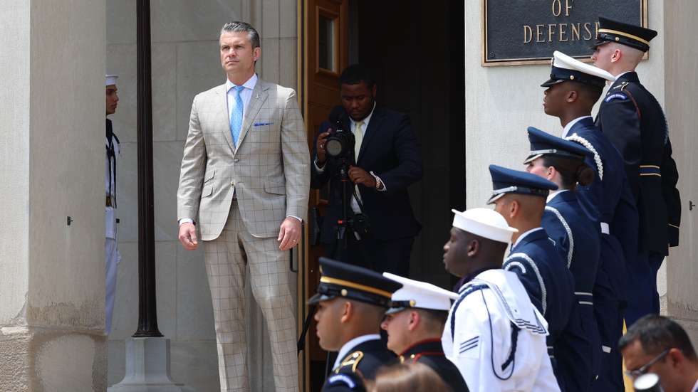 epa12208945 US Defense Secretary Pete Hegseth waits before welcoming Indian Minister of External Affairs Subrahmanyam Jaishankar (not pictured) at the Pentagon in Arlington, Virginia, USA, 01 July 2025.  EPA/ALEX WROBLEWSKI