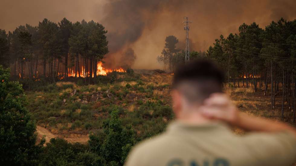 Um agente da GNR observa as chamas durante um incêndio em São Martinho da Anta, concelho de Sabrosa, Vila Real, 2 de agosto de 2025. O fogo que começou em São Cibrão, Vila Real, alastrou para o concelho de Sabrosa, onde lavra em duas frentes com alguma intensidade e mobiliza cerca de 240 operacionais. PEDRO SARMENTO COSTA/LUSA