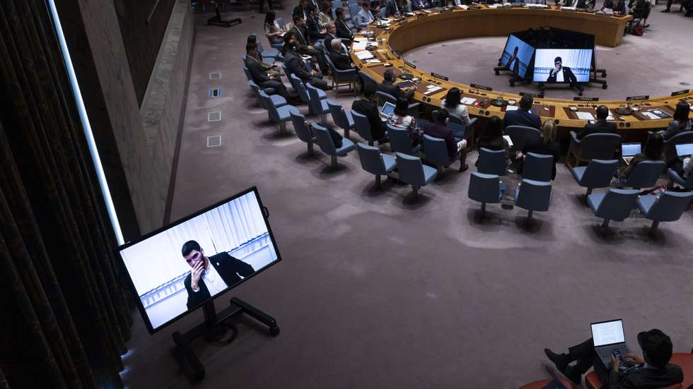 epaselect epa12285307 Ilay David, on screen, listens to speeches by diplomats during a United Nations Security Council meeting on the conflict between Israel and Hamas at United Nations headquarters in New York, New York, USA, 05 August 2025.  EPA/JUSTIN LANE
