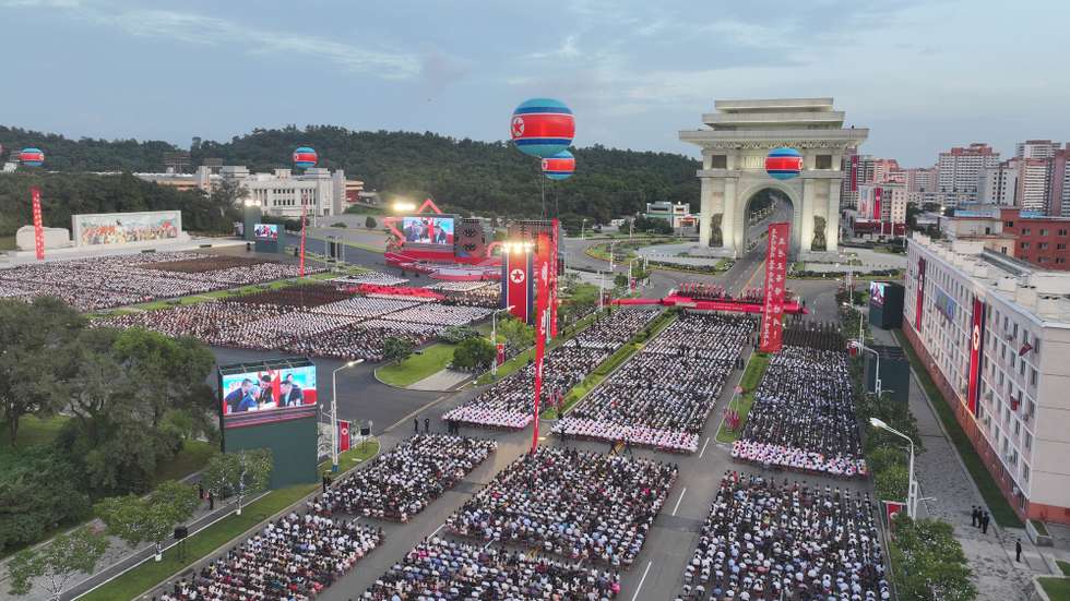 epa12301412 A photo released by the official North Korean Central News Agency (KCNA) shows an aerial view of an event to celebrate the 80th anniversary of Korea's liberation from Japanese colonial rule in Pyongyang, North Korea, 14 August 2025 (issued 15 August 2025). According to KCNA, the celebration took place at the Arch of Triumph Plaza in Pyongyang.  EPA/KCNA  EDITORIAL USE ONLY