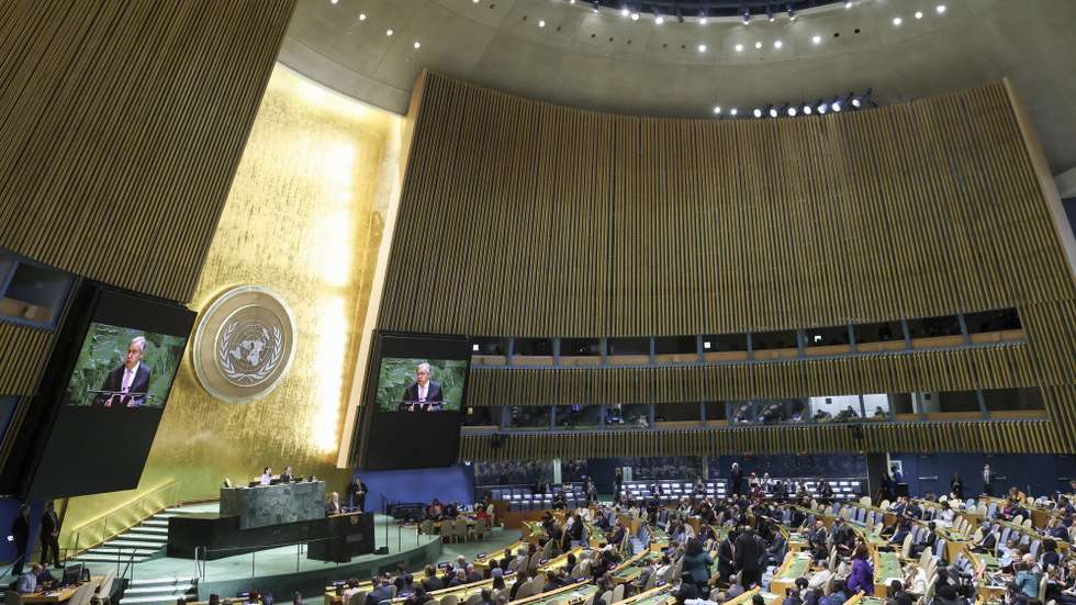 epa12397976 UN Secretary-General Antonio Guterres (C) speaks during the high-level meeting on the 30th Anniversary of the Fourth World Conference on Women, at United Nations (UN) headquarters in New York, New York, USA, 22 September 2025. The UN General Assembly's high-level week runs from 22 until 30 September.  EPA/SARAH YENESEL