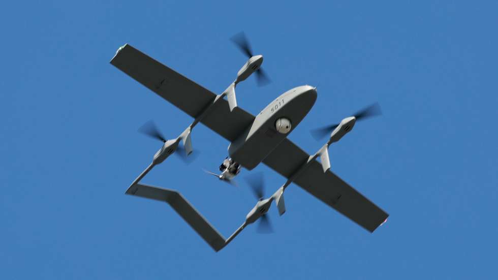 epa12689740 Taiwan navy Land-based surveillance drone hovers during the Taiwan Military Combat Readiness Drill inside an naval base in Kaohsiung, Taiwan, 29 January 2026. Taiwan's Ministry of National Defense warns that delays in approving a 1.25 trillion New Taiwan Dollar special defense budget risk missing a 45-day deadline to sign a US arms pricing offer.  EPA/RITCHIE B. TONGO