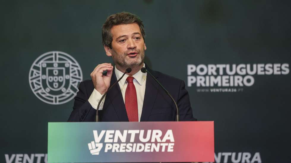 Presidential candidate, Andre Ventura, talks to the press after his defeat in the second round of the Portuguese presidential elections, in Lisbon, Portugal, 8th February 2026. More than 11 million voters were called upon to choose the new President of the Republic, in an election that pitted Antonio Jose Seguro against Andre Ventura, the two candidates who received the most votes on 18 January. TIAGO PETINGA/LUSA
