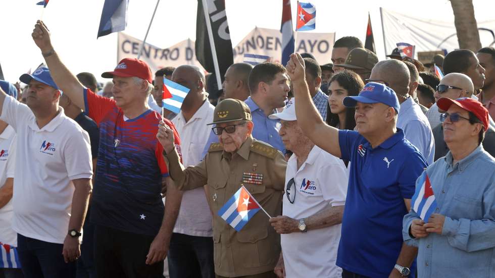 epa12926796 Former Cuban President Raul Castro (C-L) and President Miguel Diaz-Canel (C-R) attend the International Labor Day commemoration in Havana, Cuba, 01 May 2026. Cuba celebrates May Day under the slogan of the official activities 'The homeland must be defended', amid US pressure on the island and the threat of a possible military intervention.  EPA/Ernesto Mastrascusa